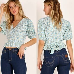 Faithfull The Brand Mona Top Tilde Floral Blue Green Size 2/XS Bohemian